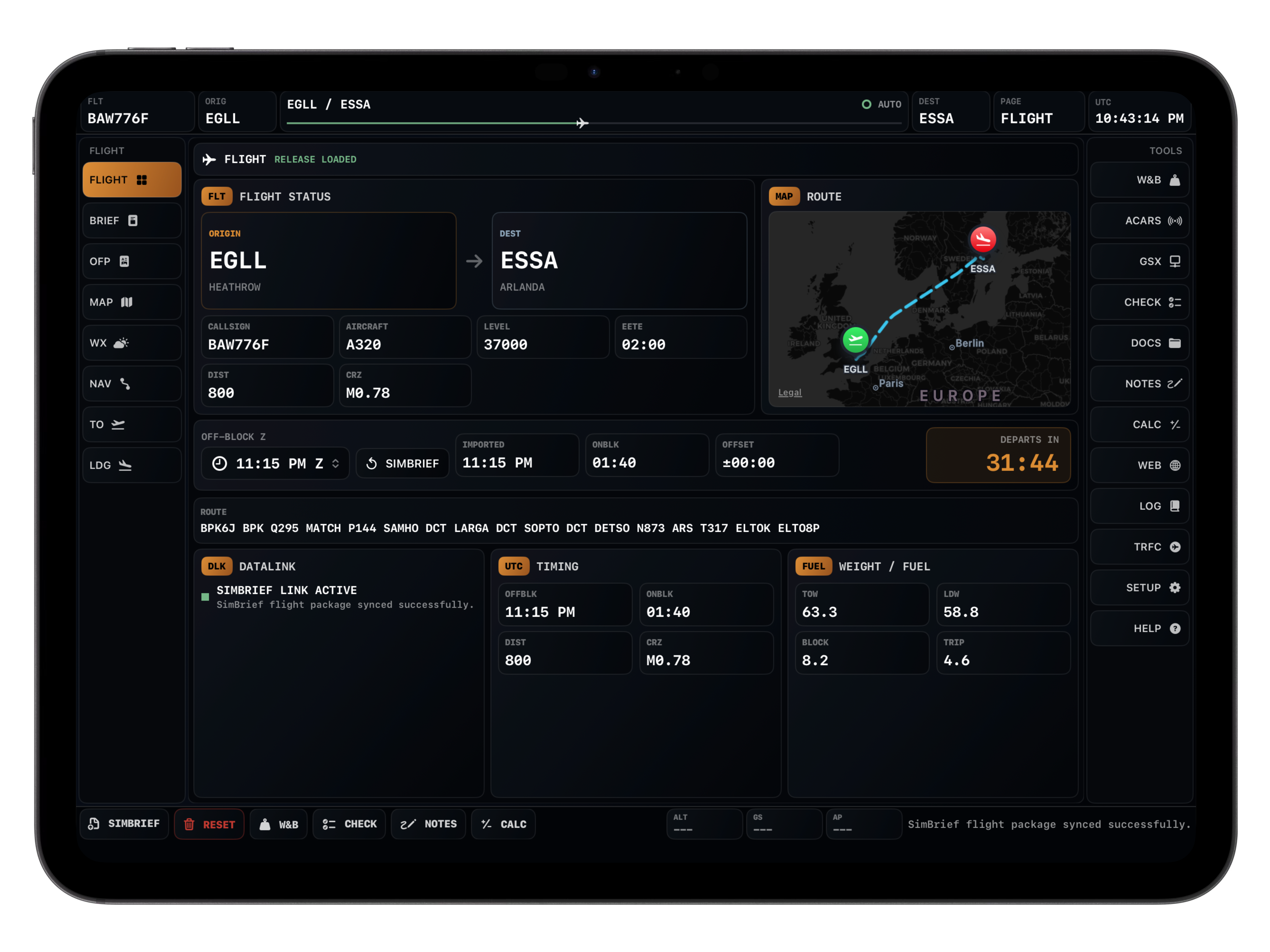Vortiq EFB flight summary screen