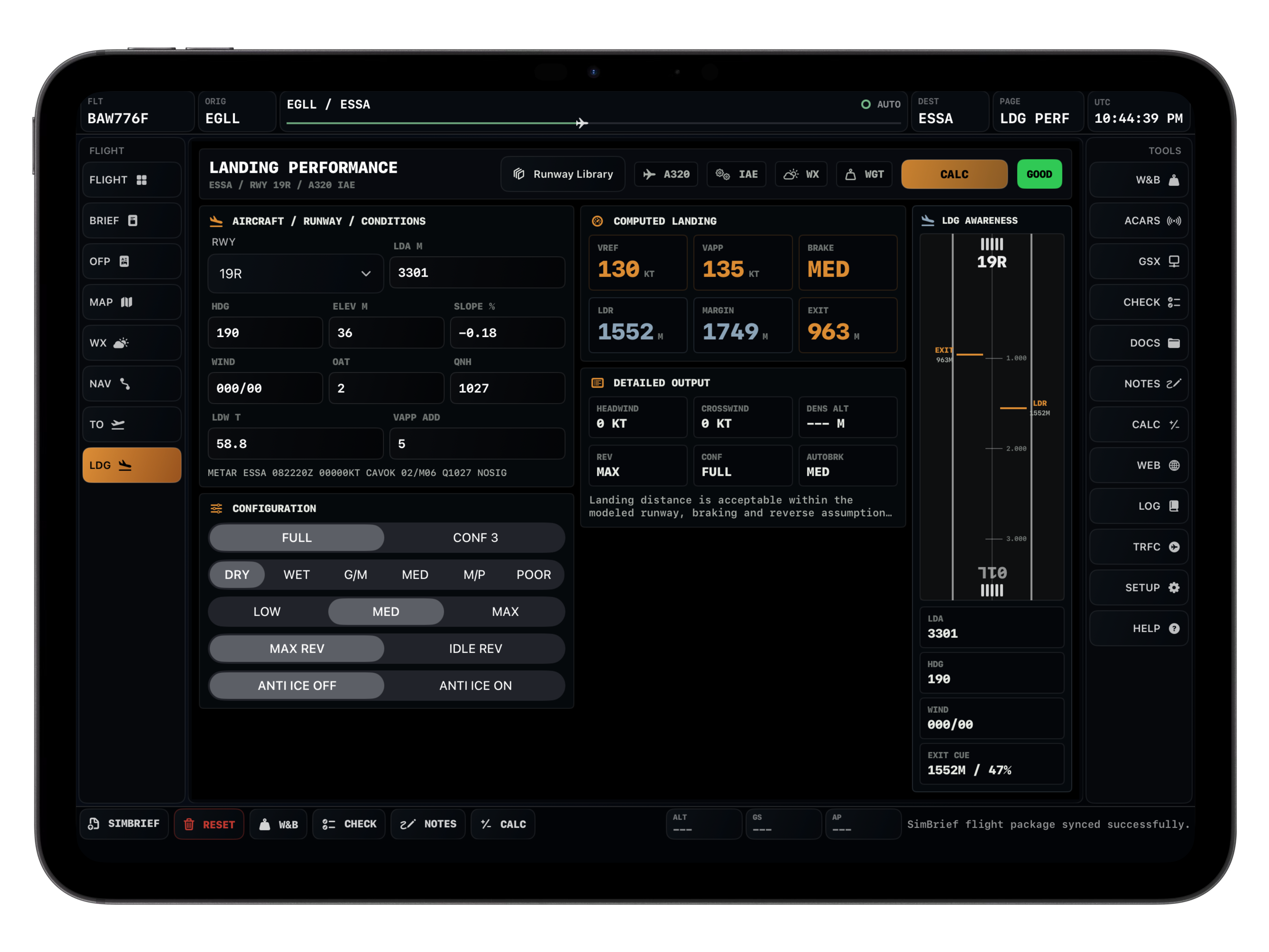 Landing performance screen