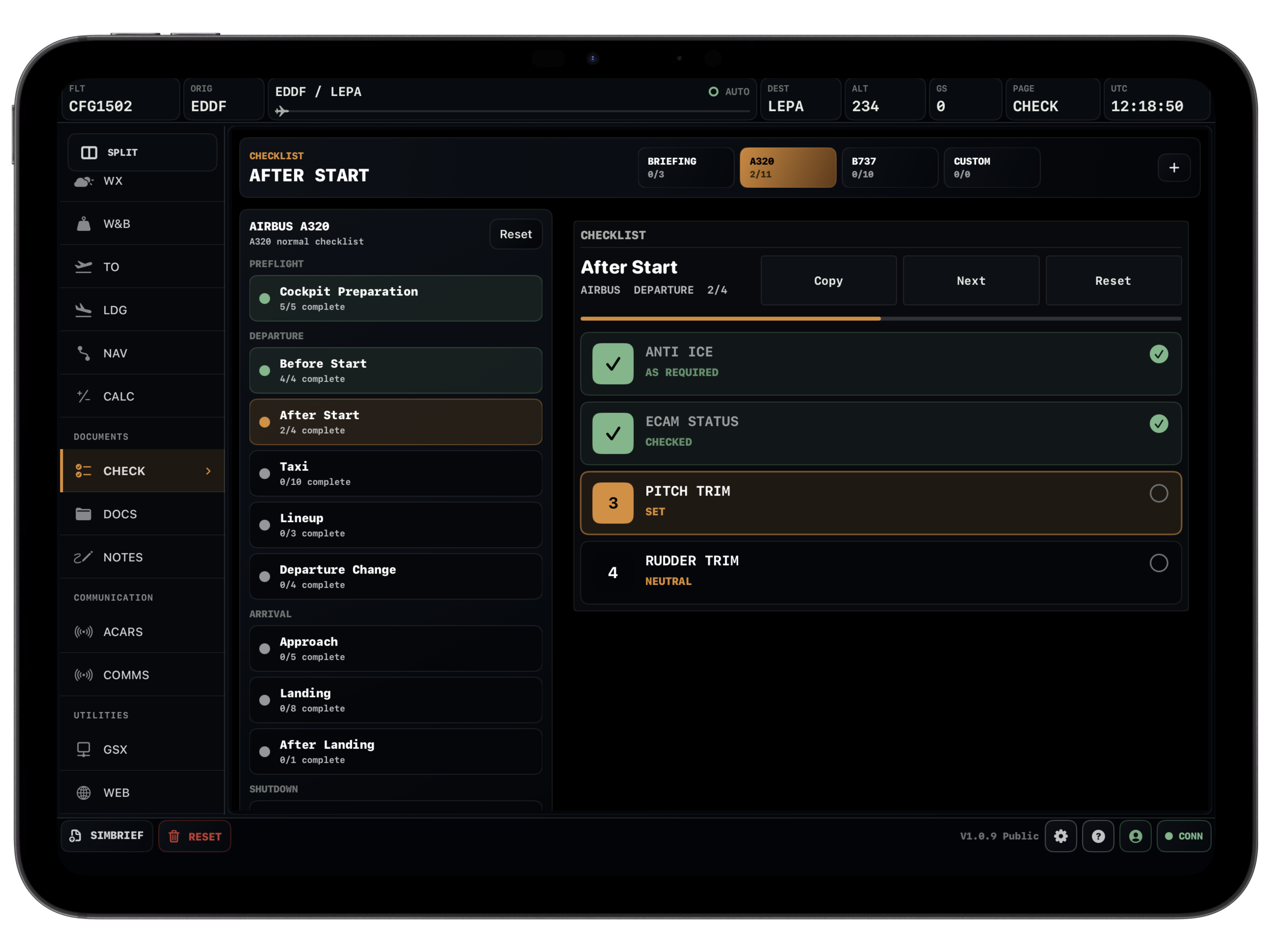 Vortiq EFB checklist page