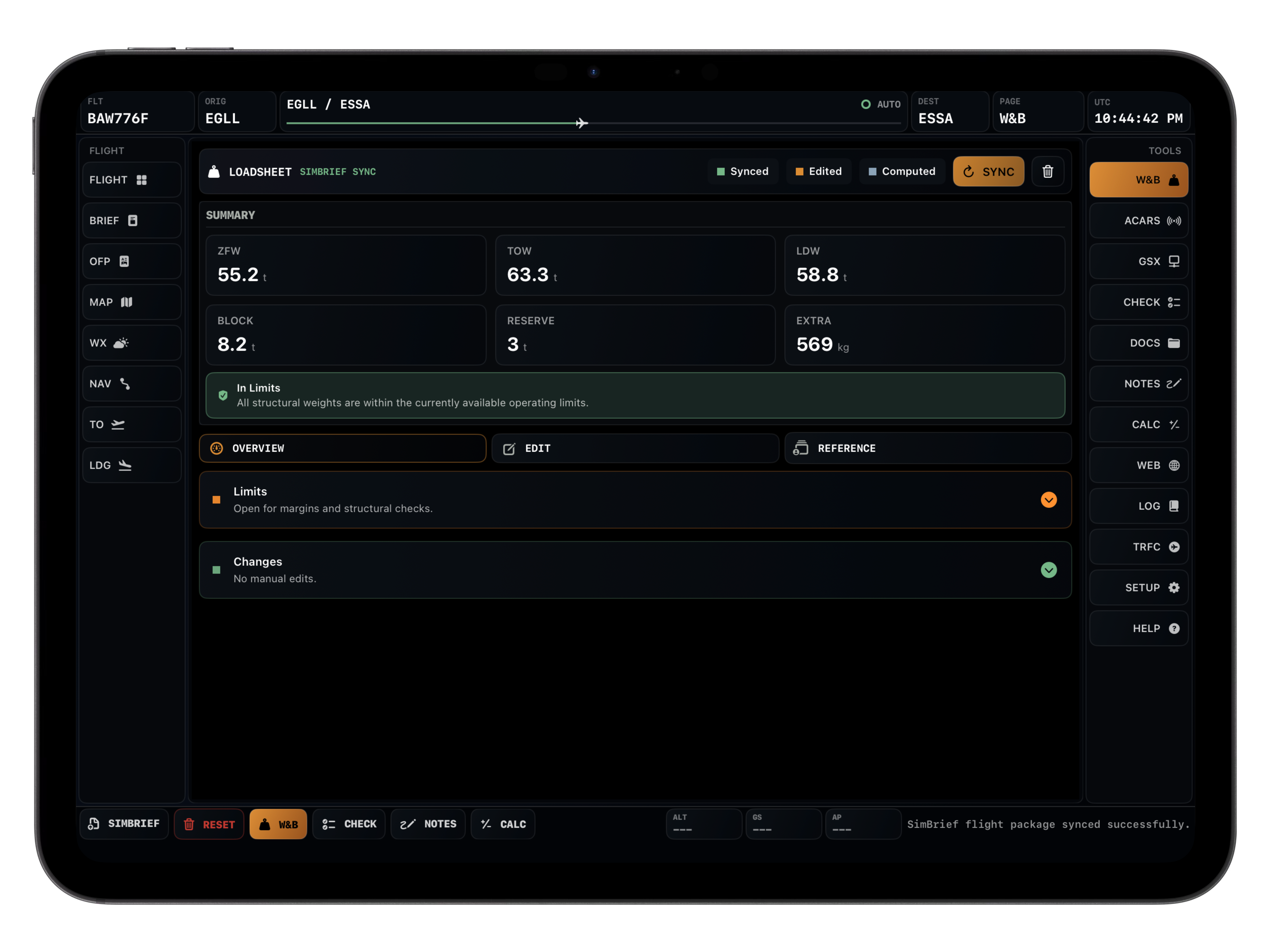 Loadsheet screen