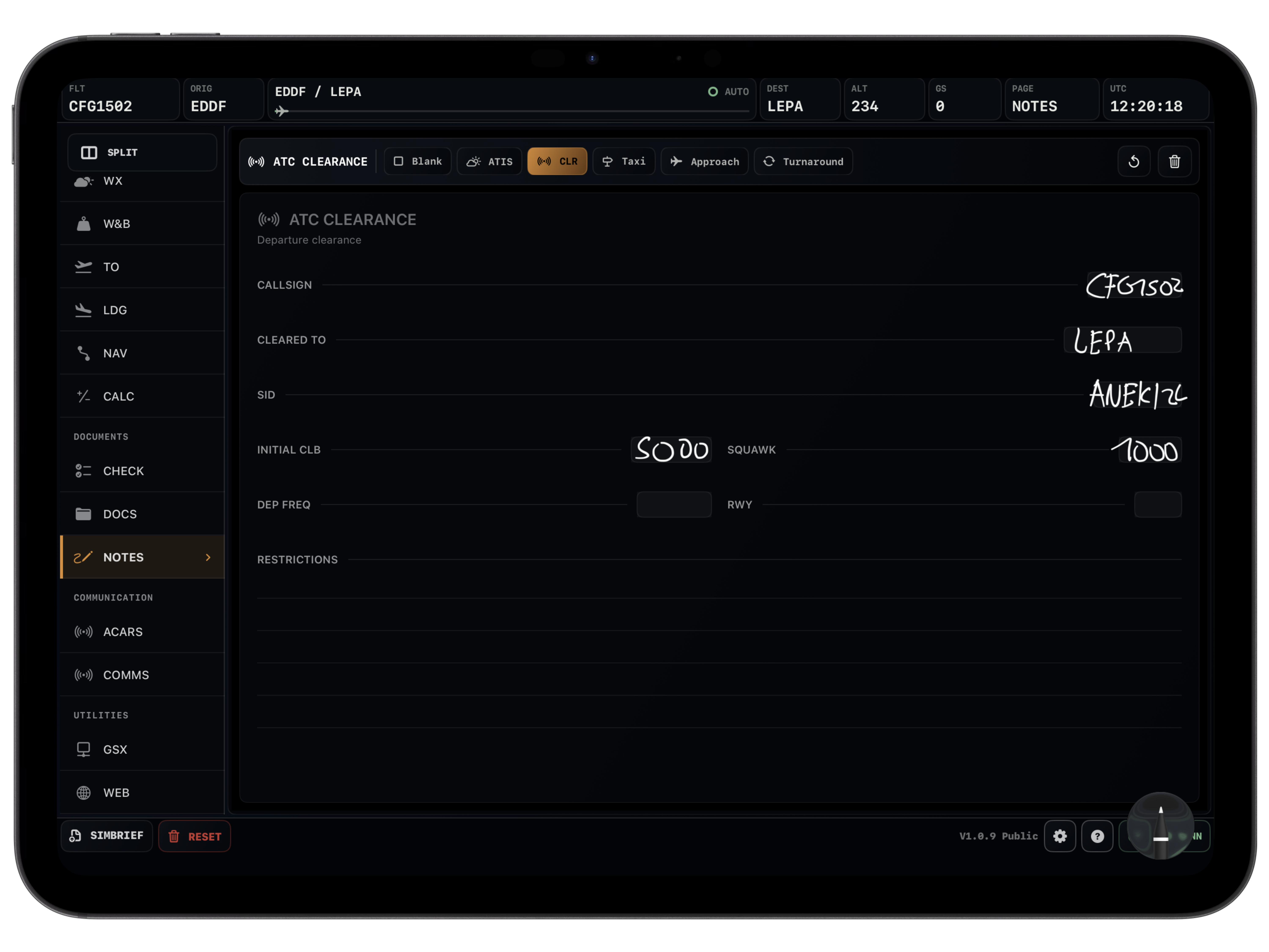 Vortiq EFB notes page