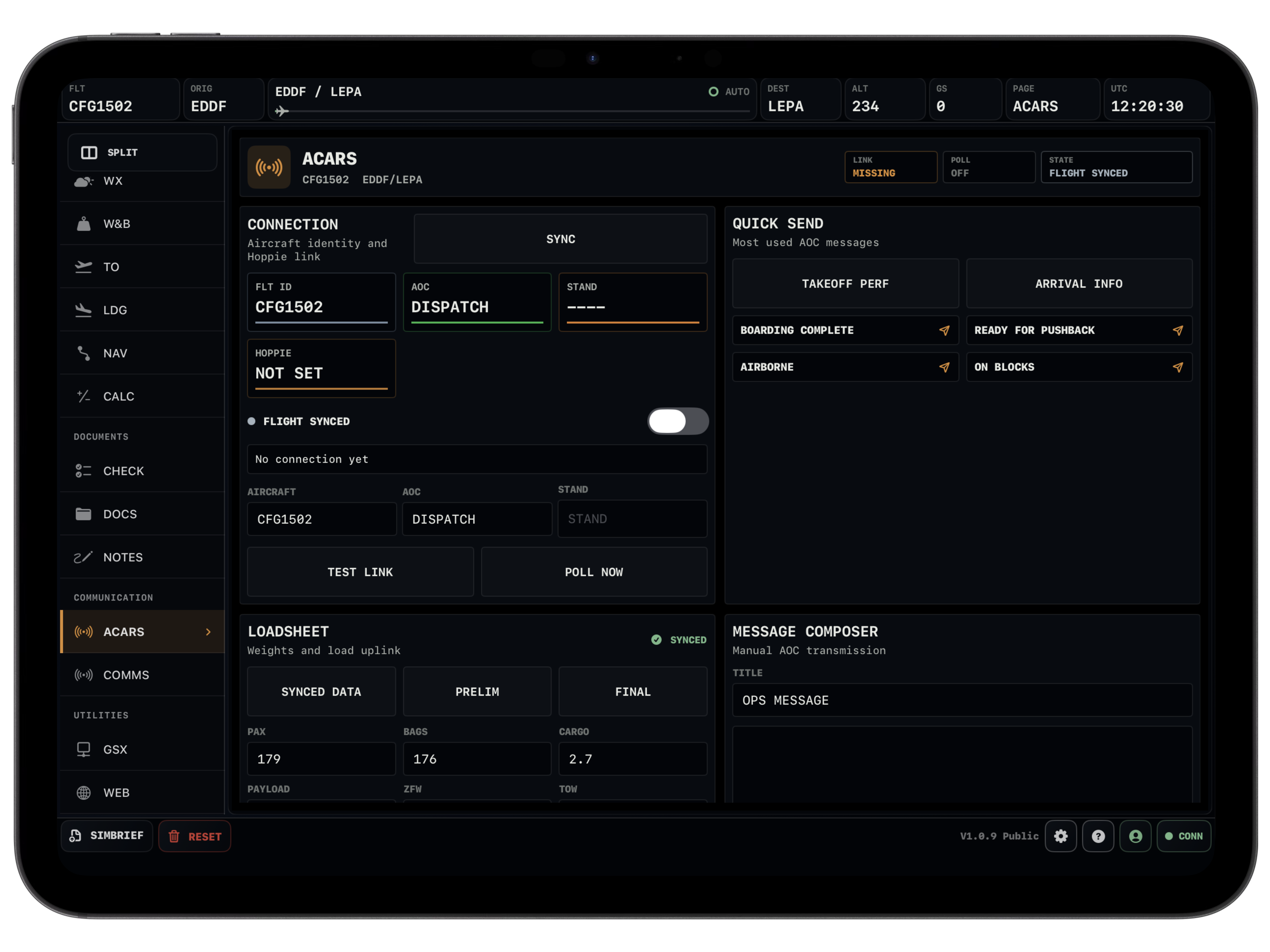 Vortiq EFB ACARS page