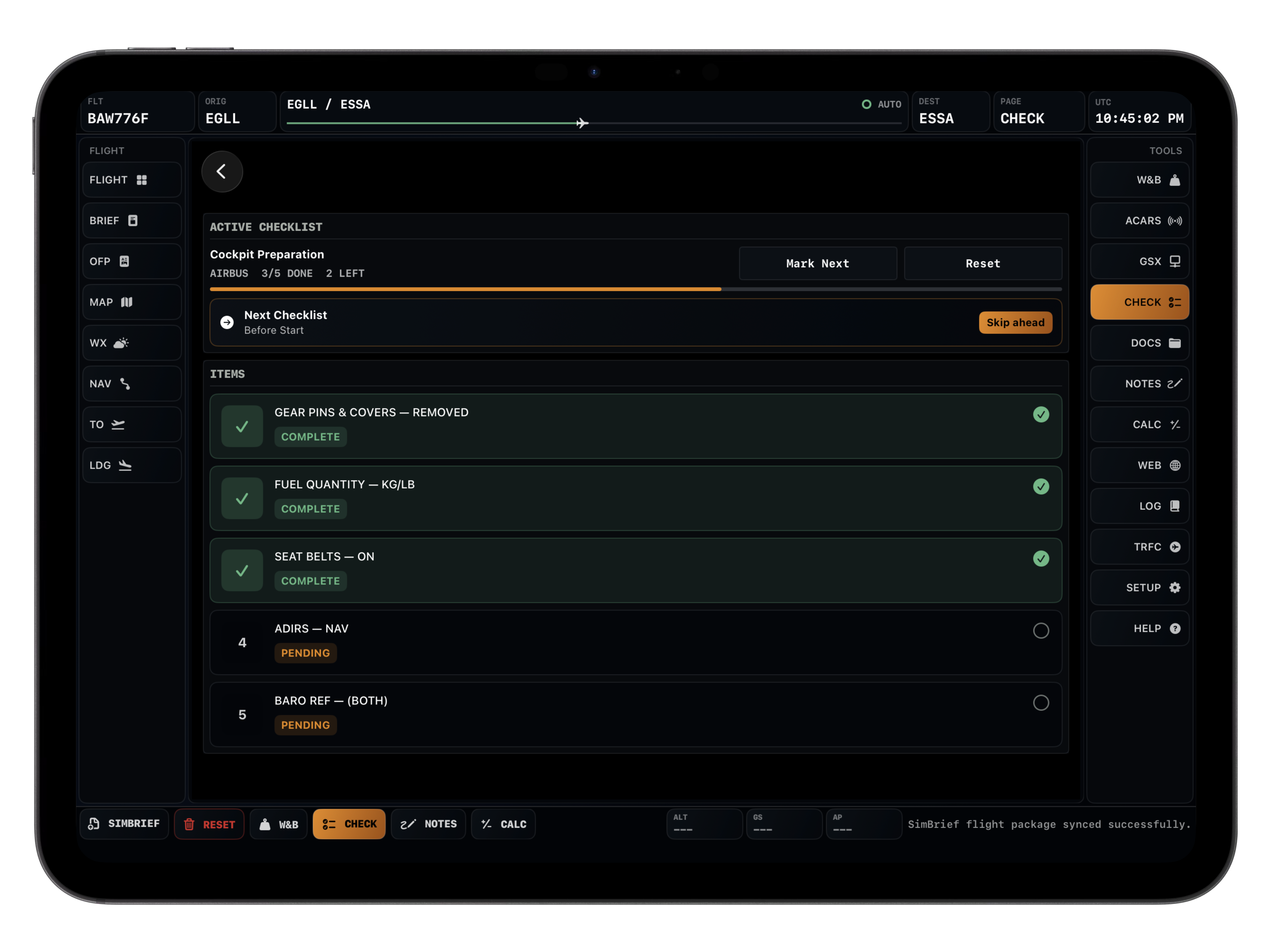 Checklist screen