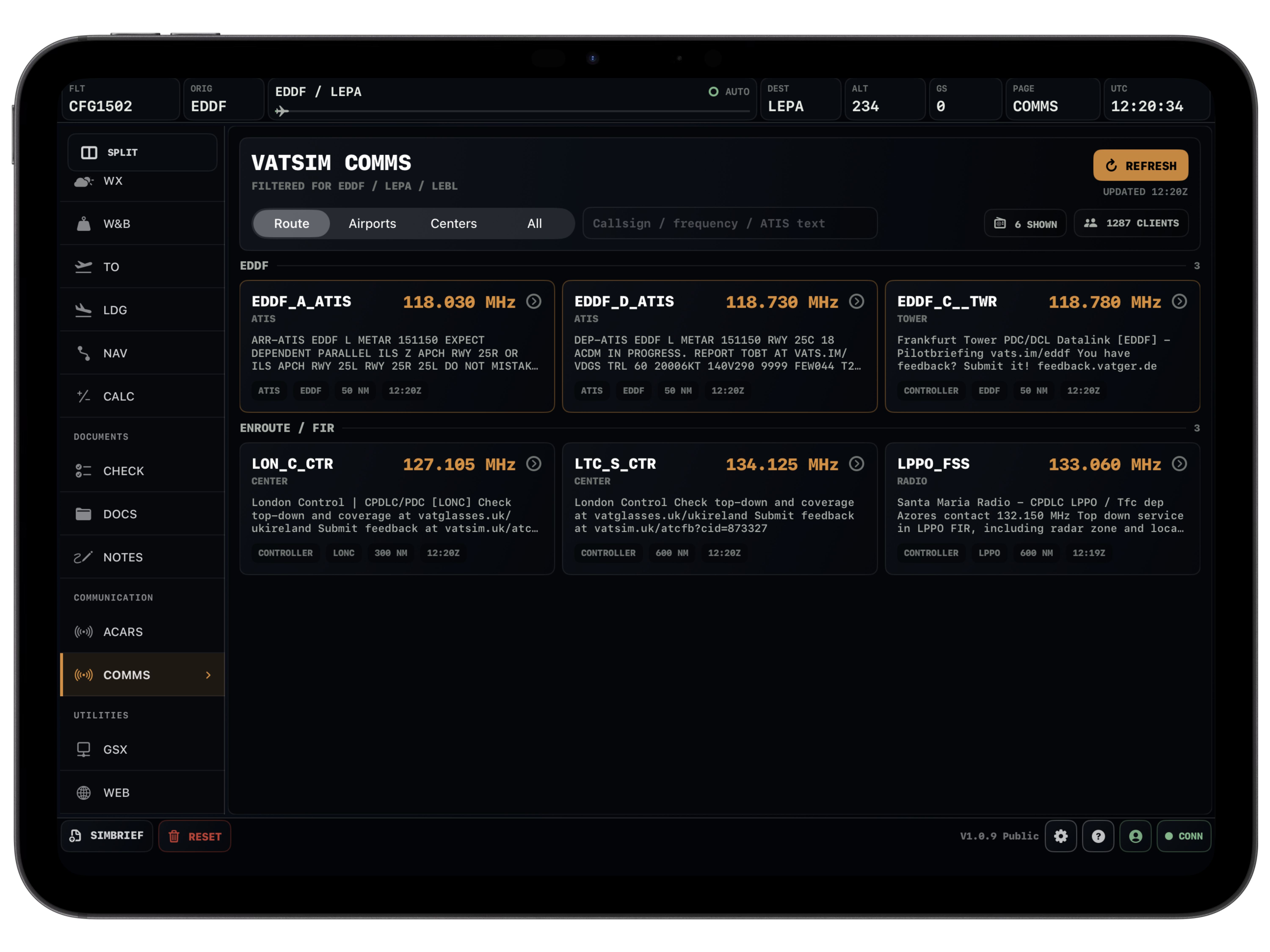 Vortiq EFB comms page