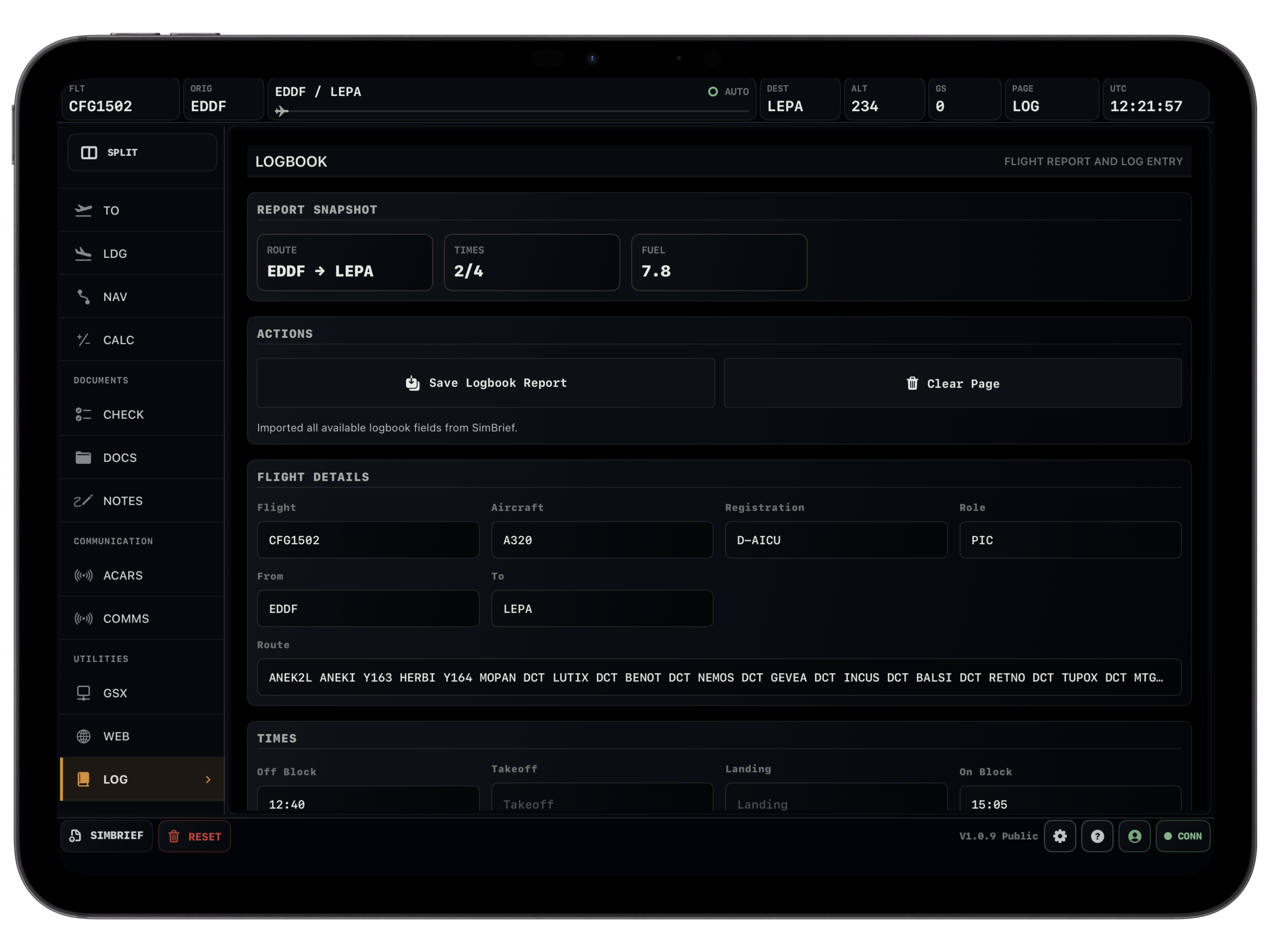 Vortiq EFB logbook page