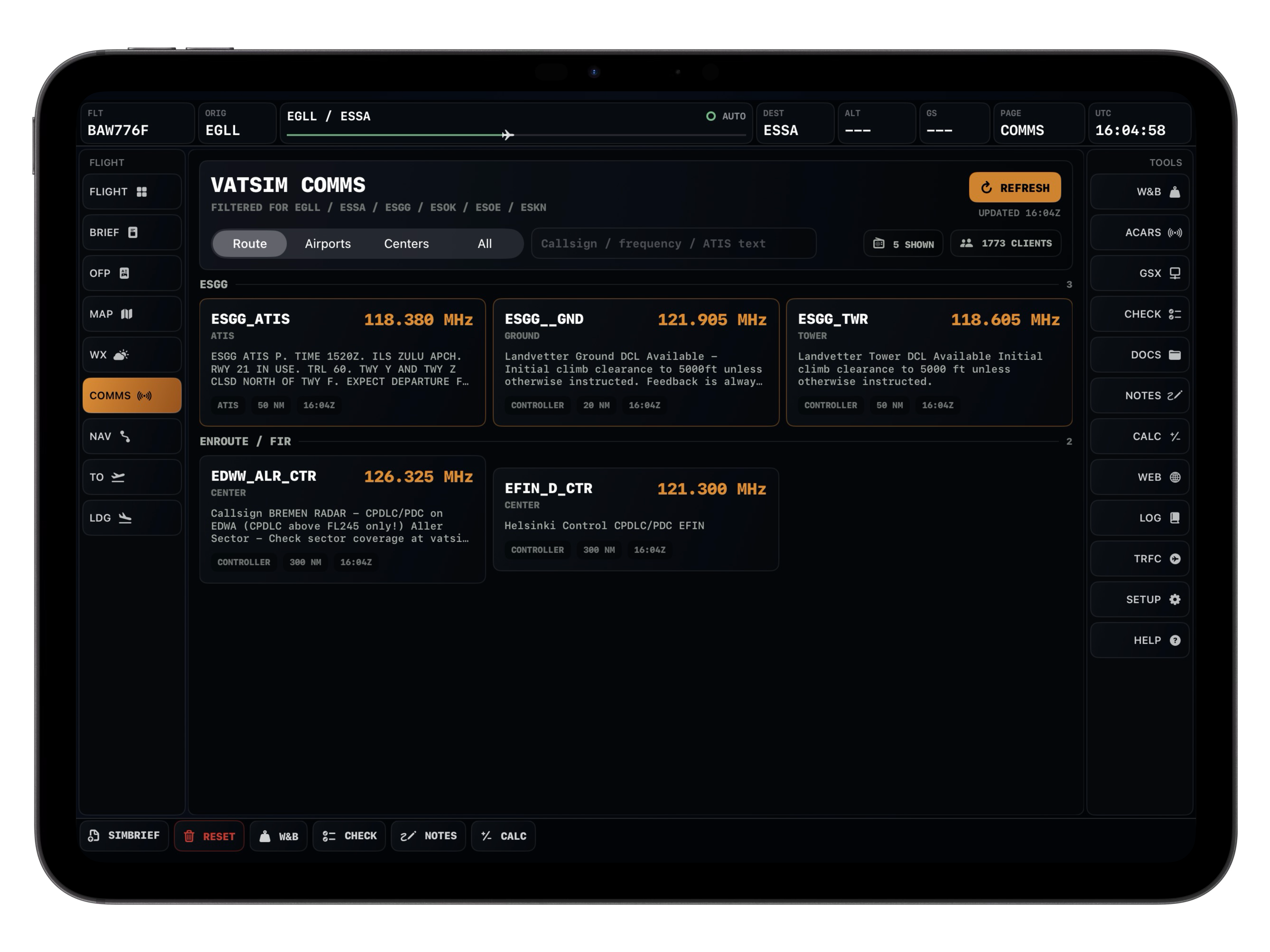 Comms screen