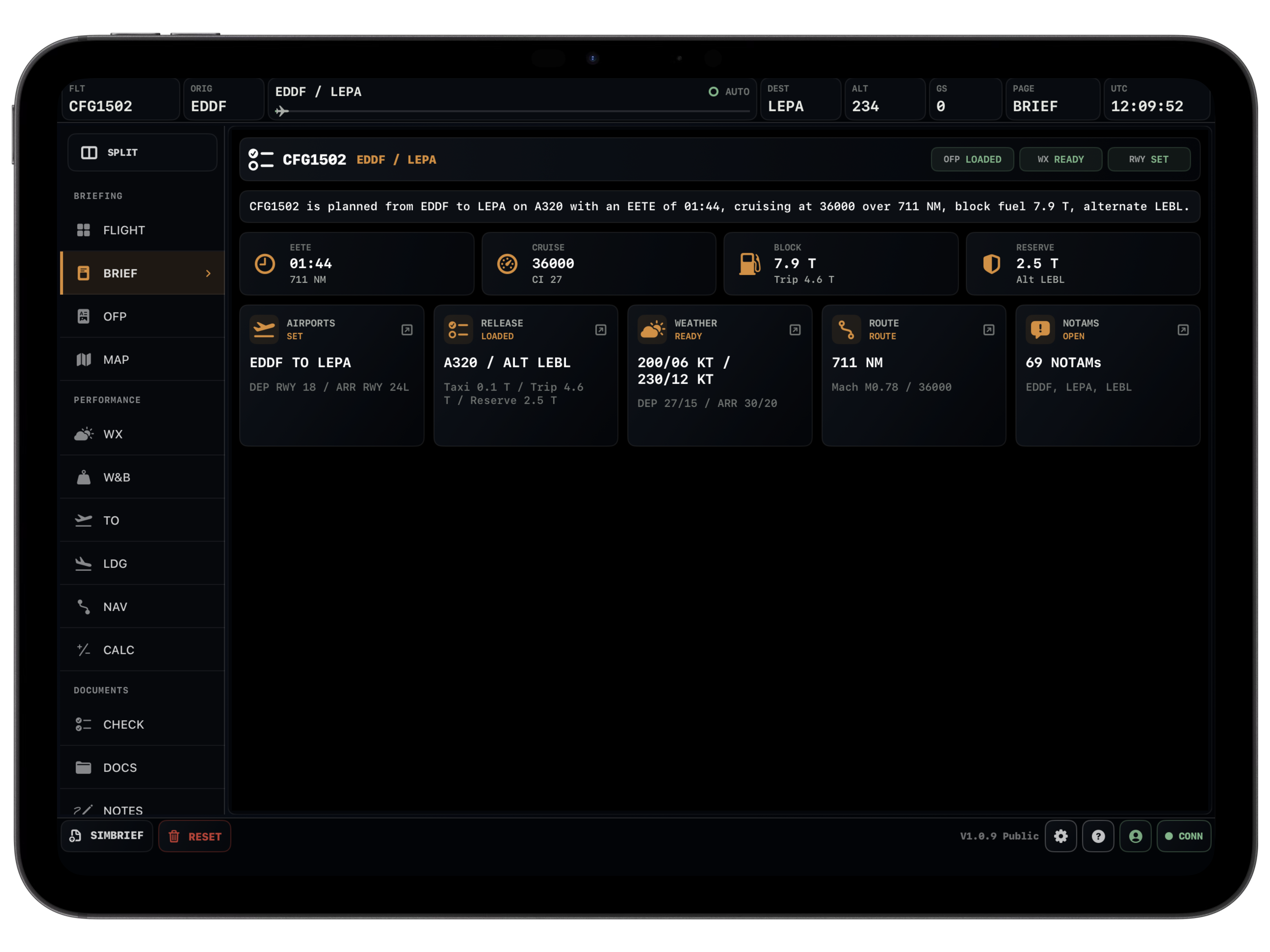 Vortiq EFB briefing page