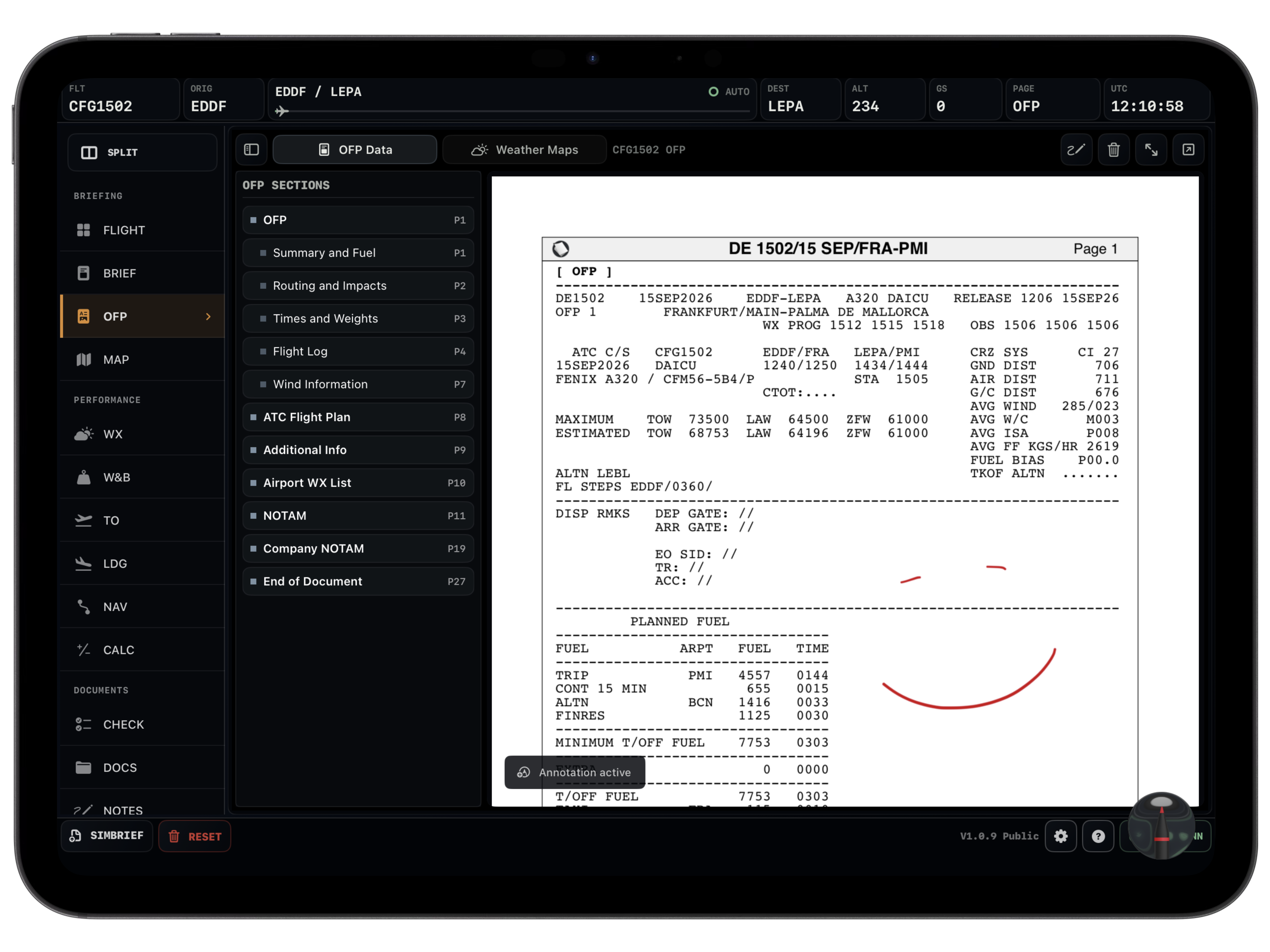 Vortiq EFB OFP page