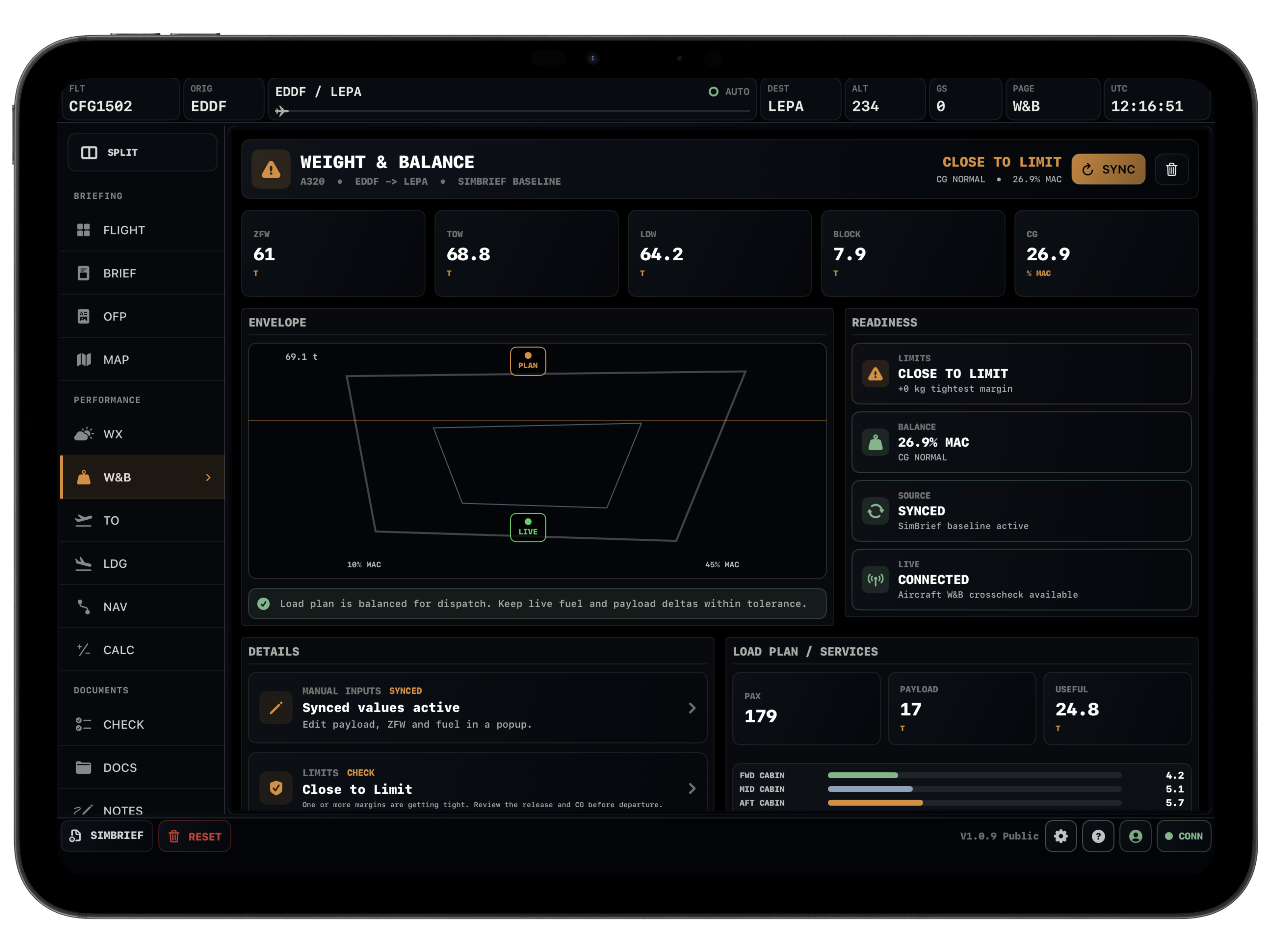 Vortiq EFB weight and balance page