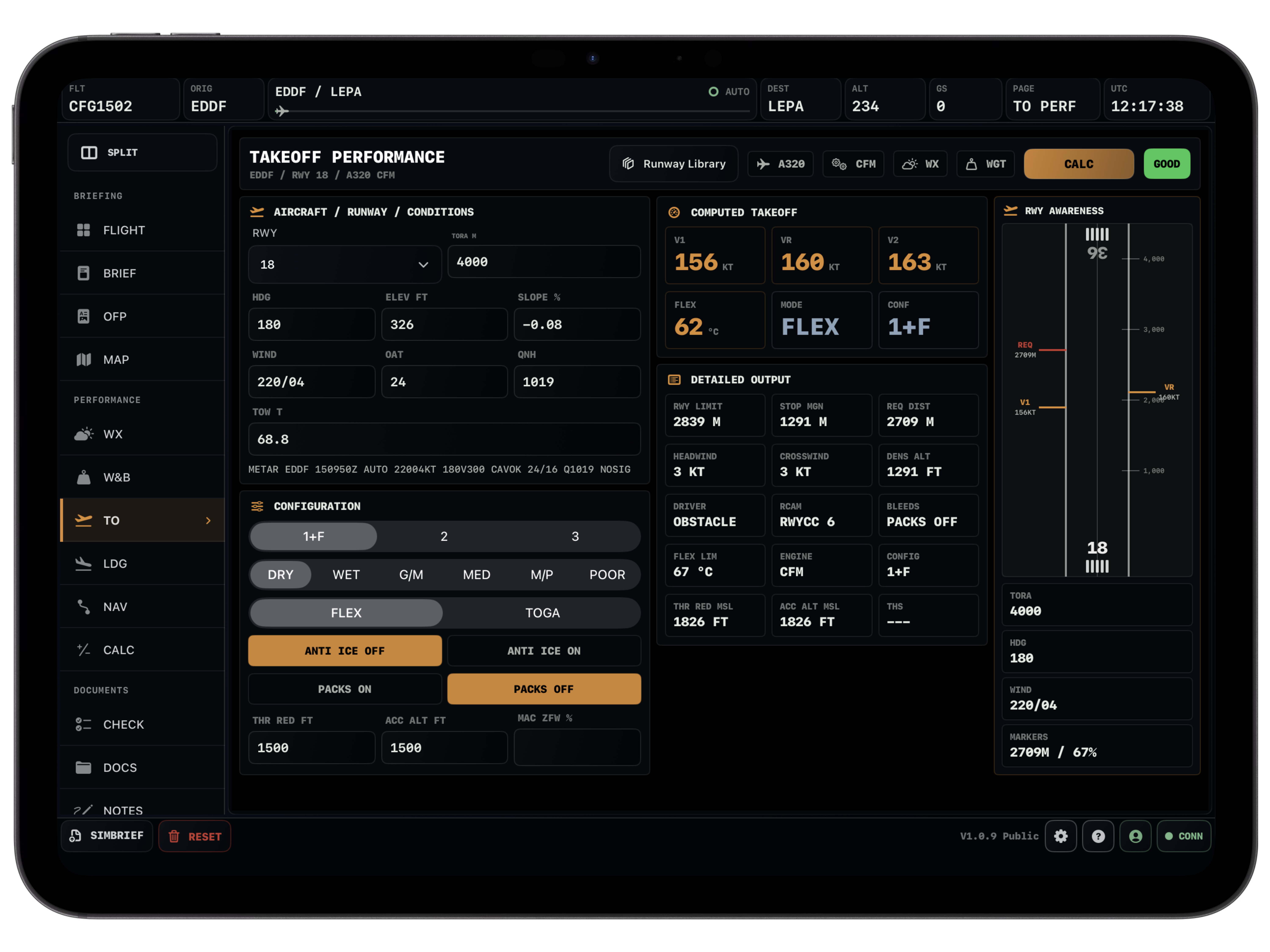 Vortiq EFB takeoff performance page