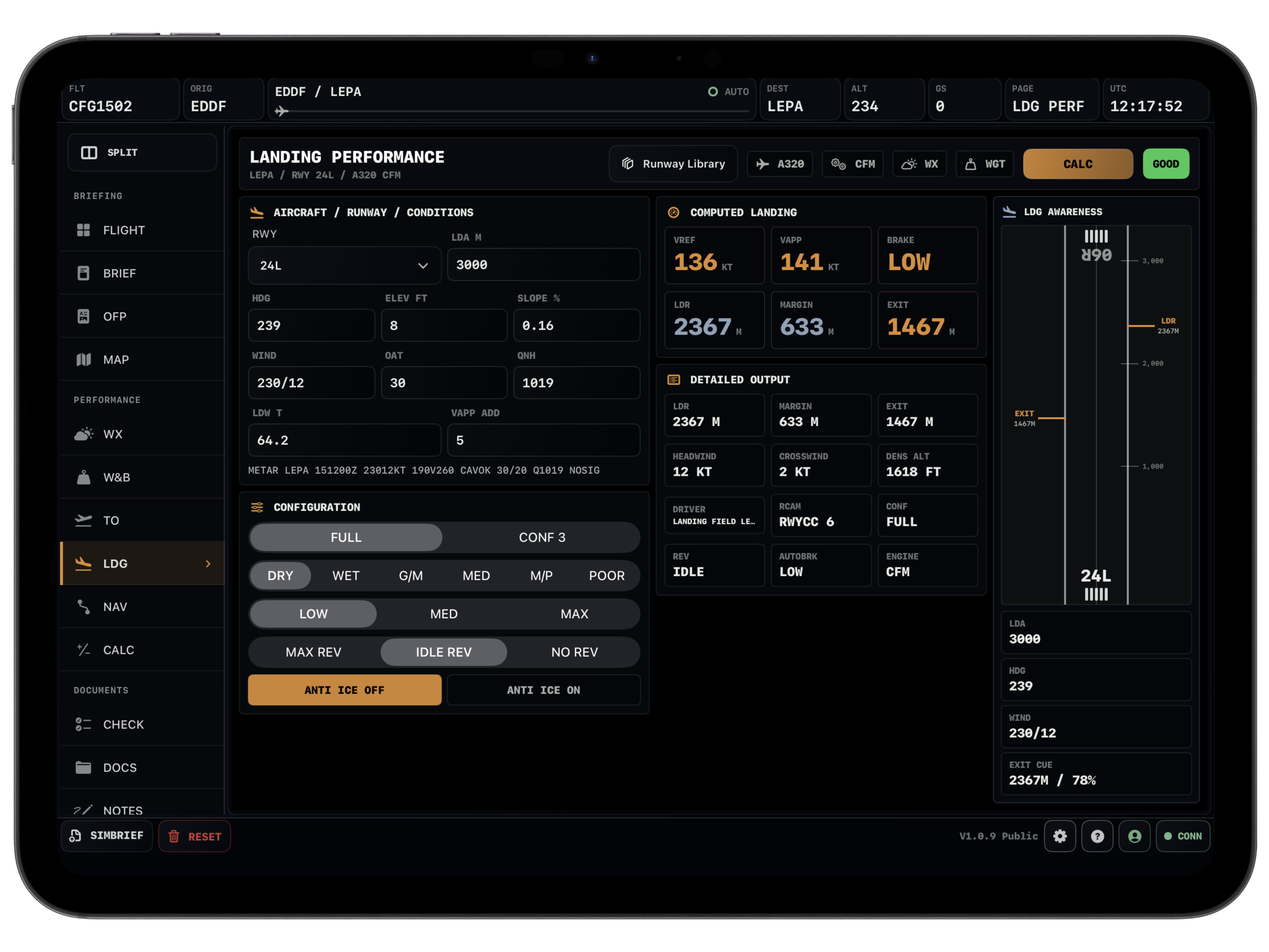 Vortiq EFB landing performance page