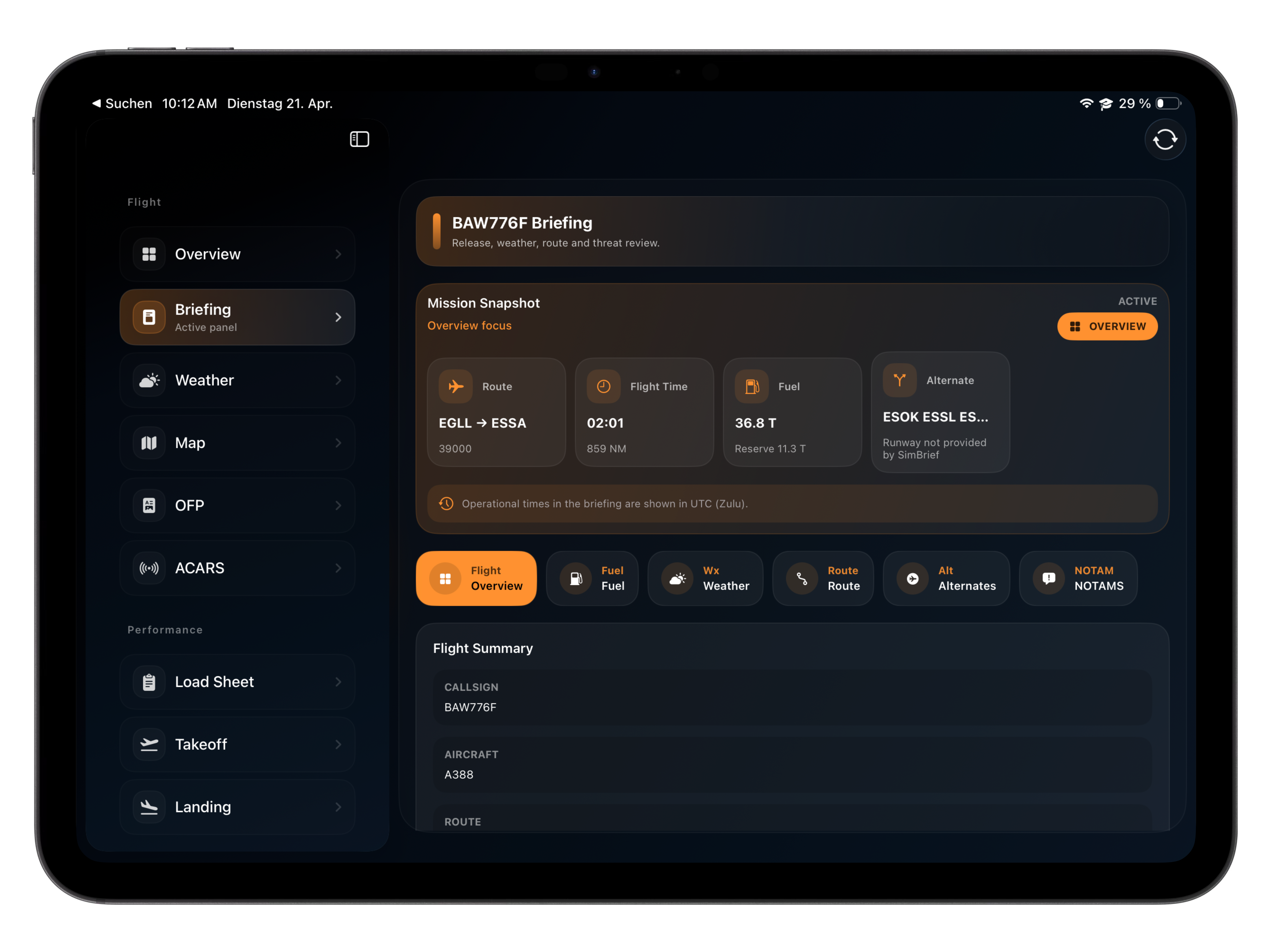 Vortiq EFB briefing interface