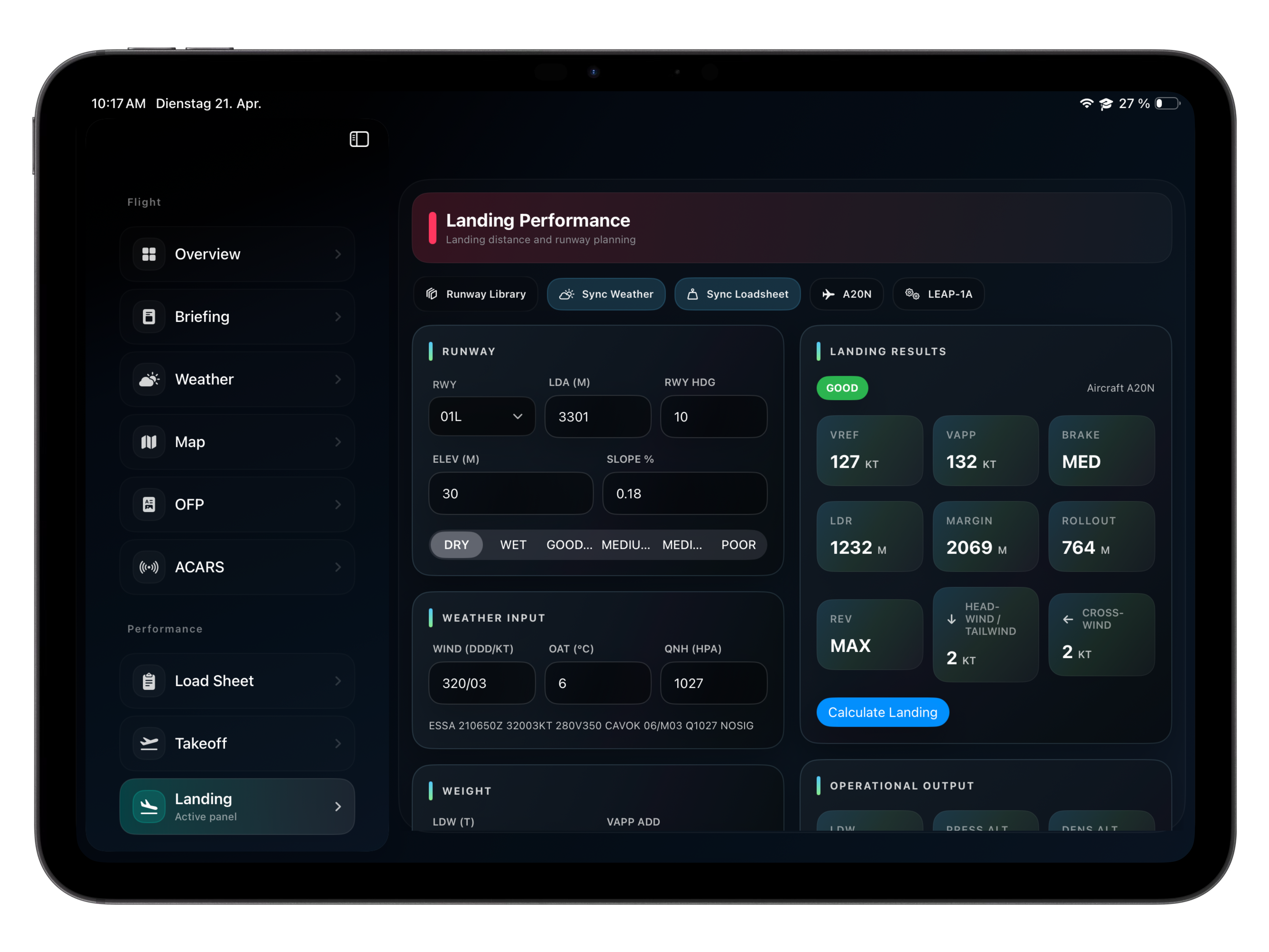 Landing performance screen
