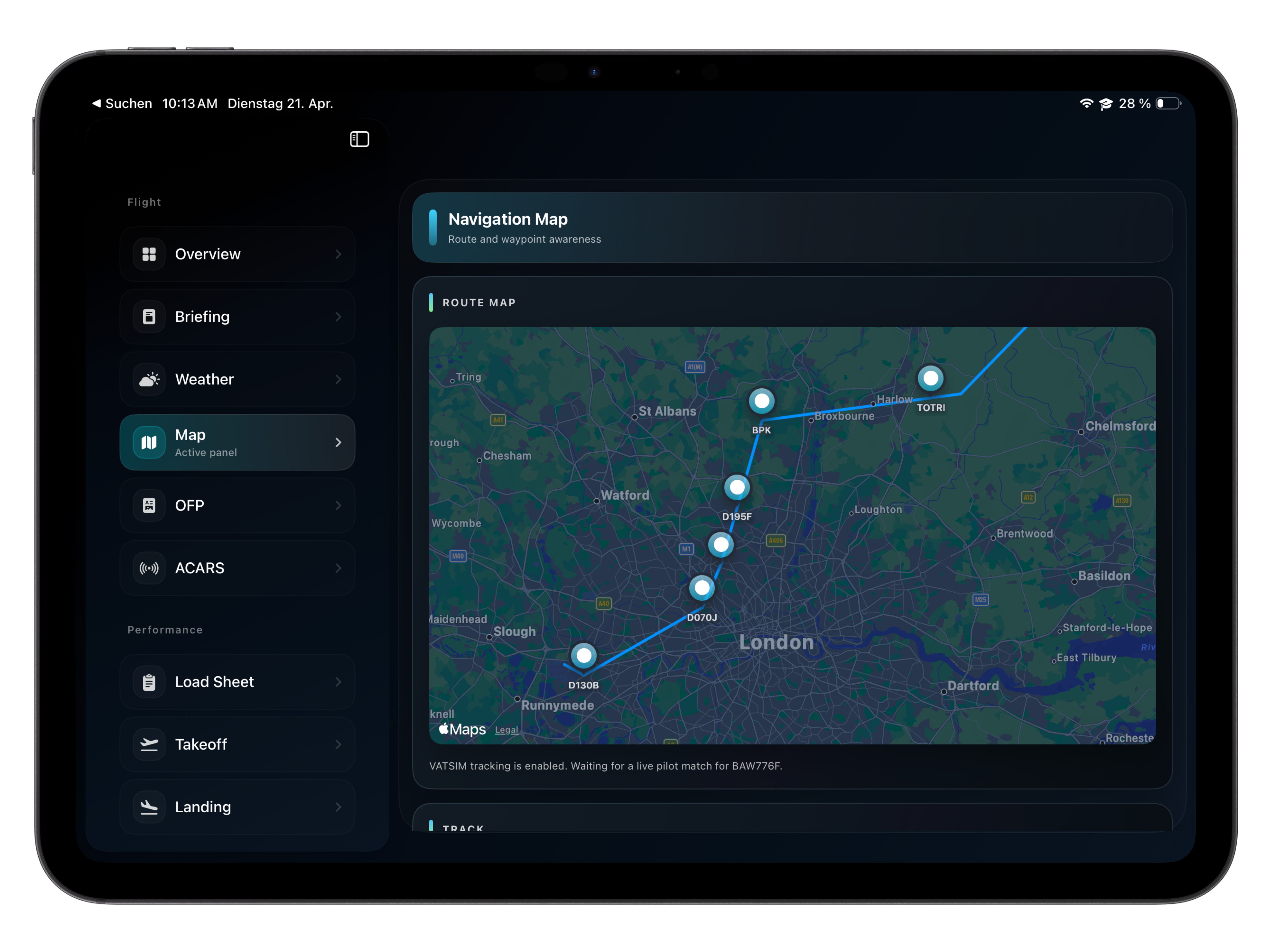 Map screen of Vortiq EFB