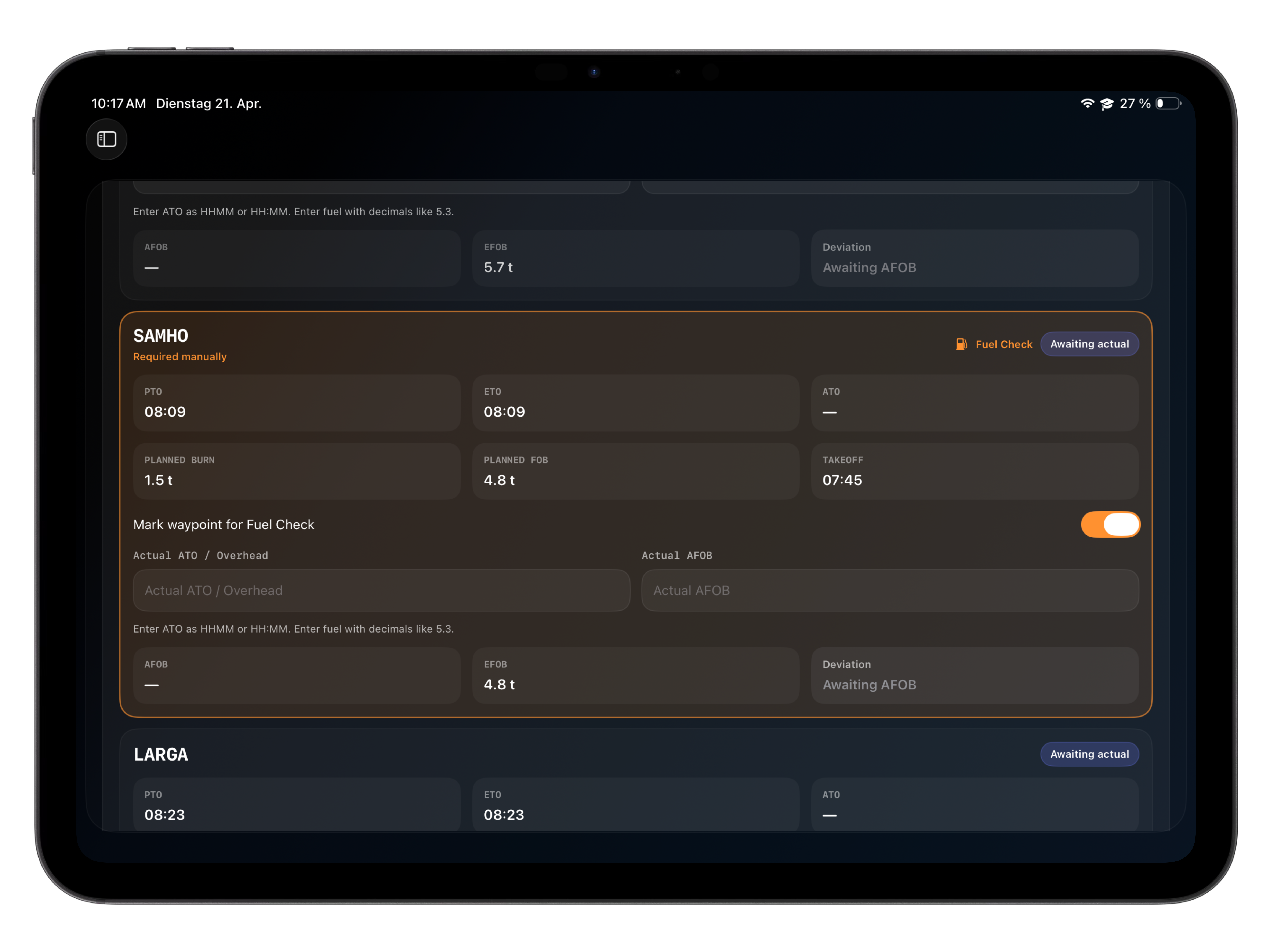 Navigation log screen