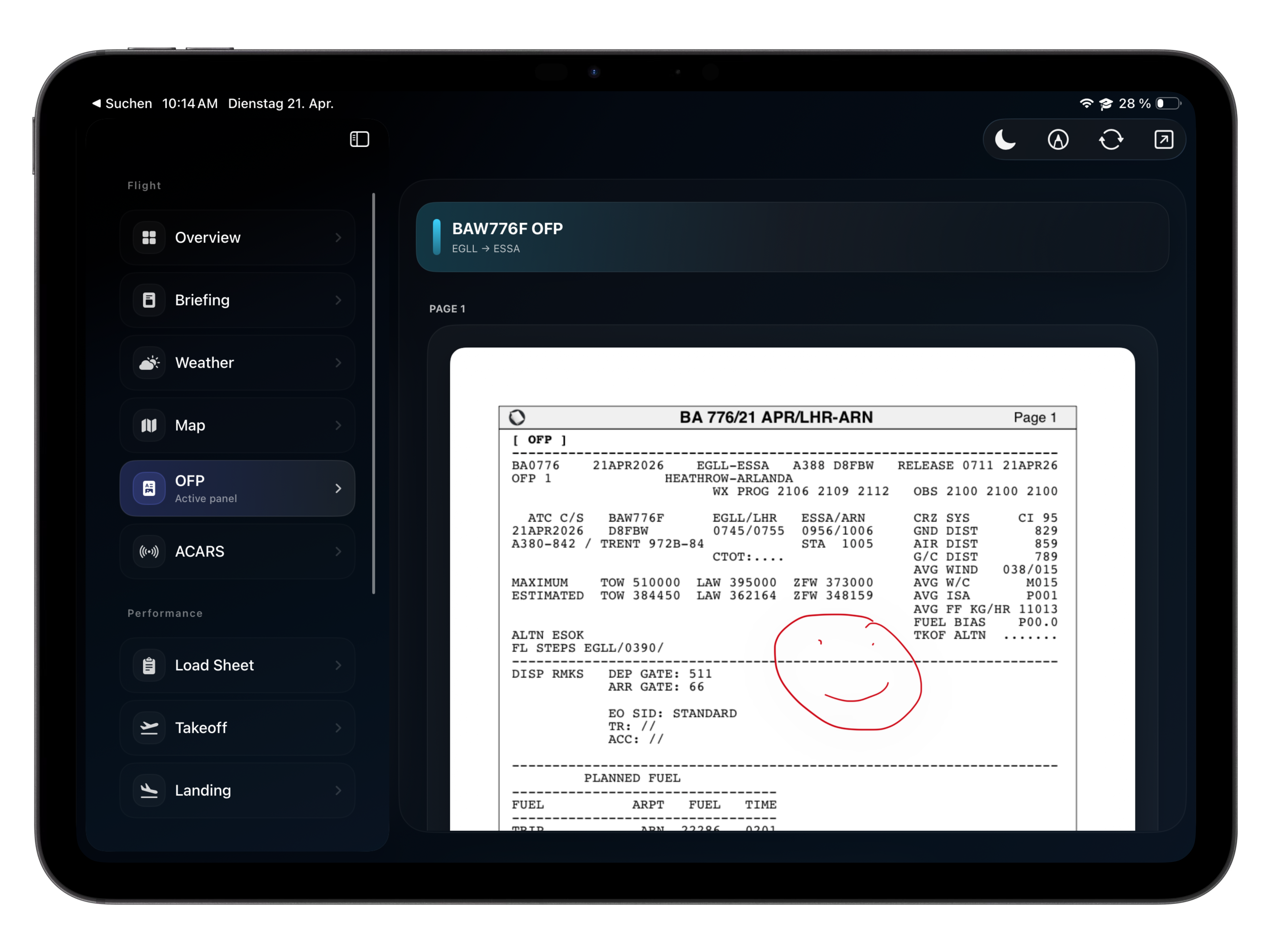 Operational flight plan screen