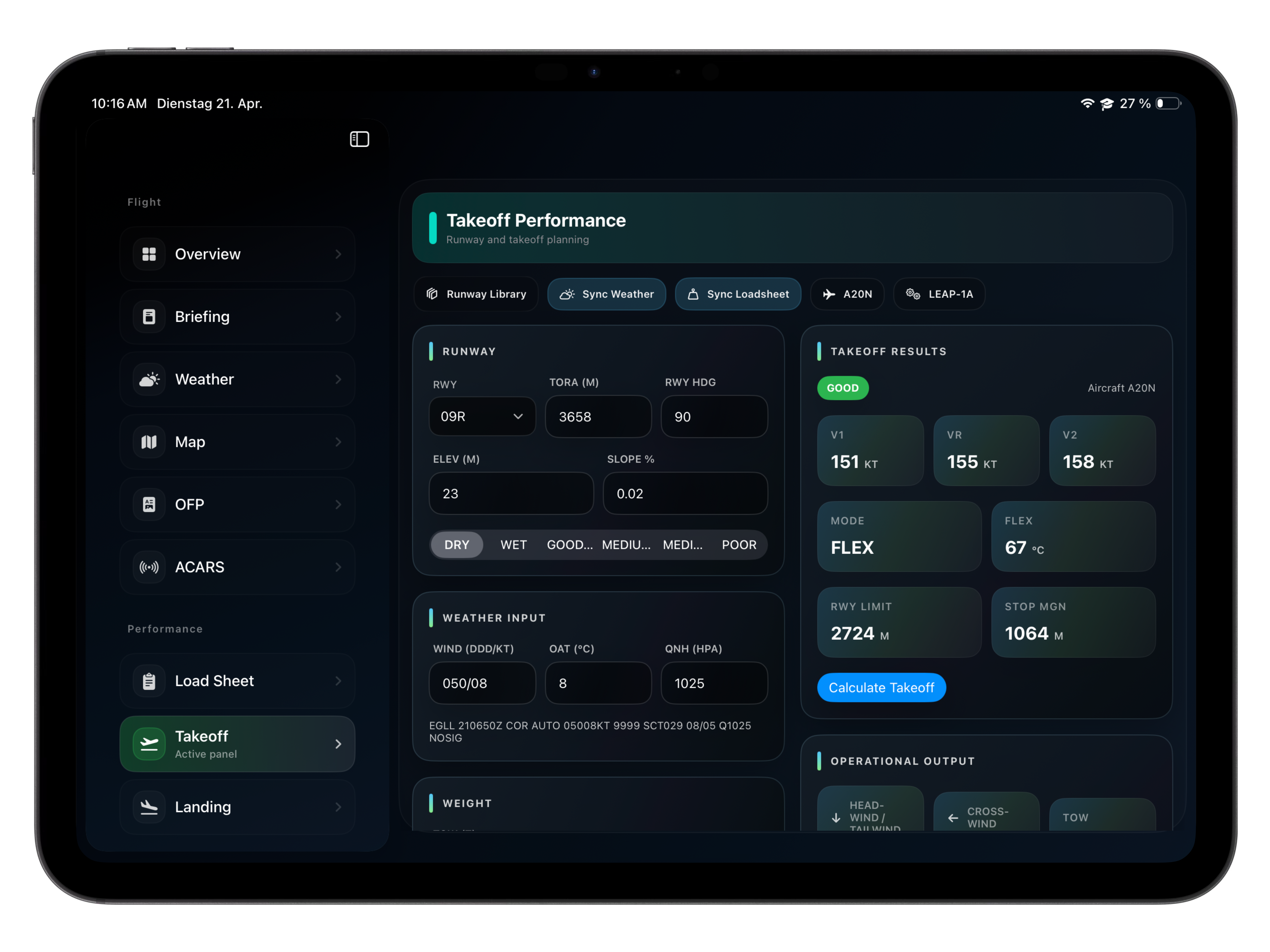 Takeoff performance screen