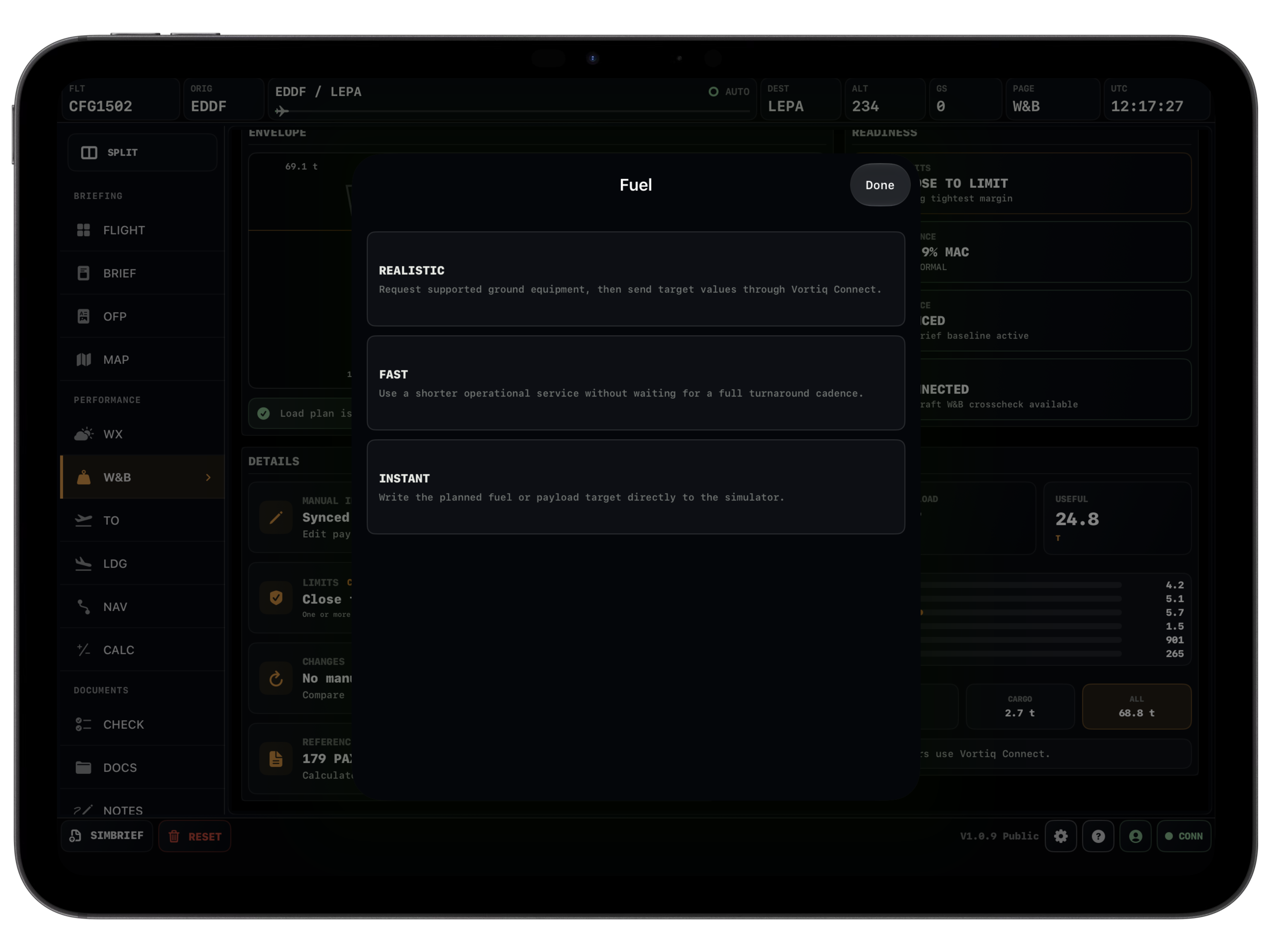 Vortiq EFB loading menu