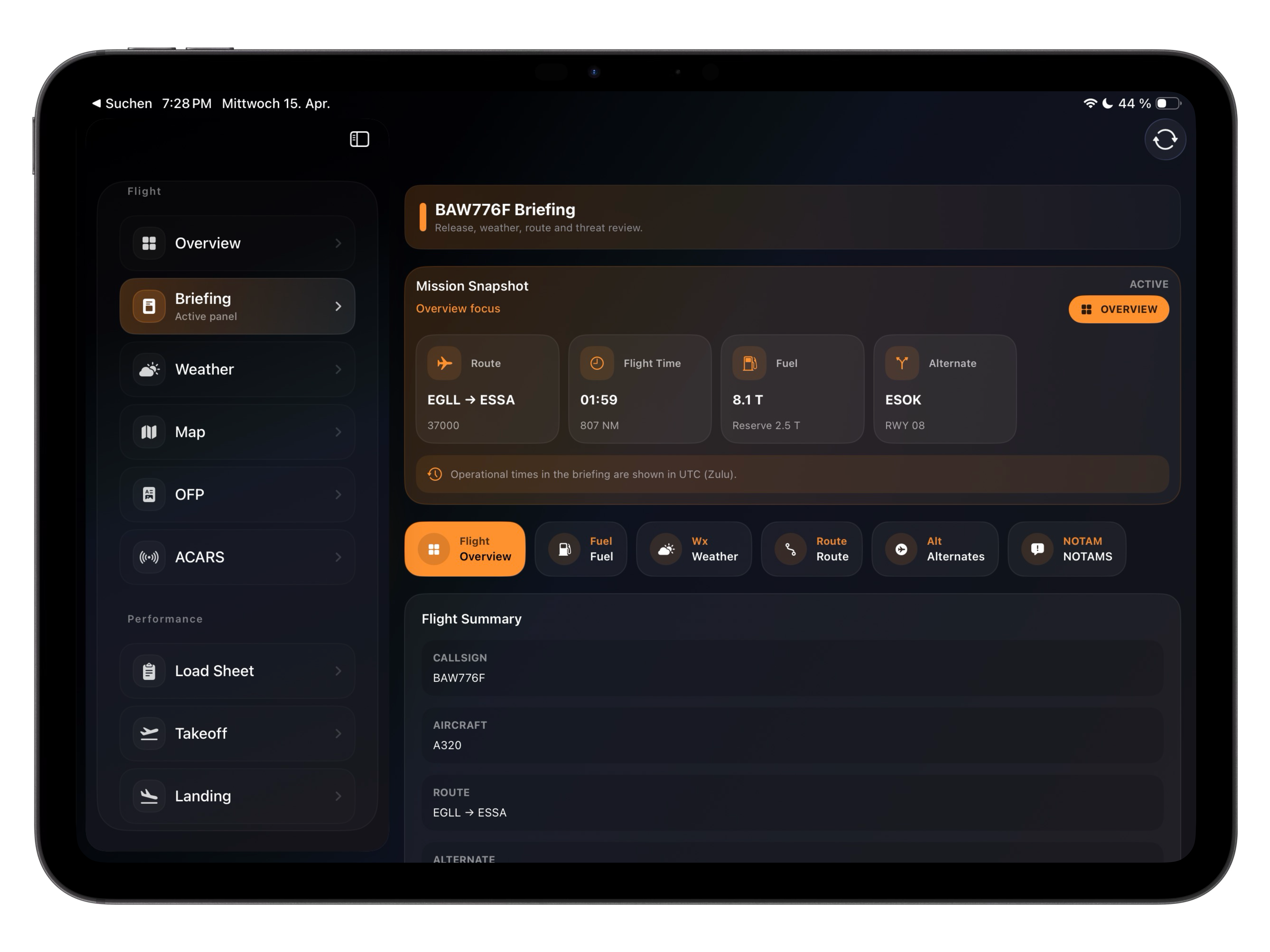 Vortiq EFB briefing screen